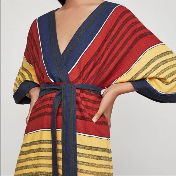 BCBGMAXAZRIA Kimono Striped Faux Wrap Casual Maxi Dress Belt Red Yellow Blue XS - Picture 6 of 11